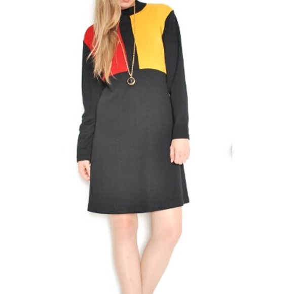 Vintage 90s‎ Karin Stevens M Black Knit Dress Yellow Red Mondrian Colorblock Mod - Picture 9 of 16